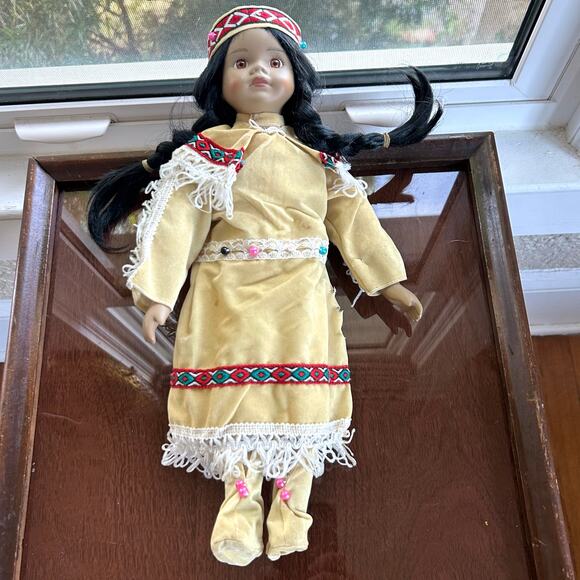 Vintage Porcelain Native American-Inspired Doll with Braids and Beaded Outfit - Picture 8 of 12